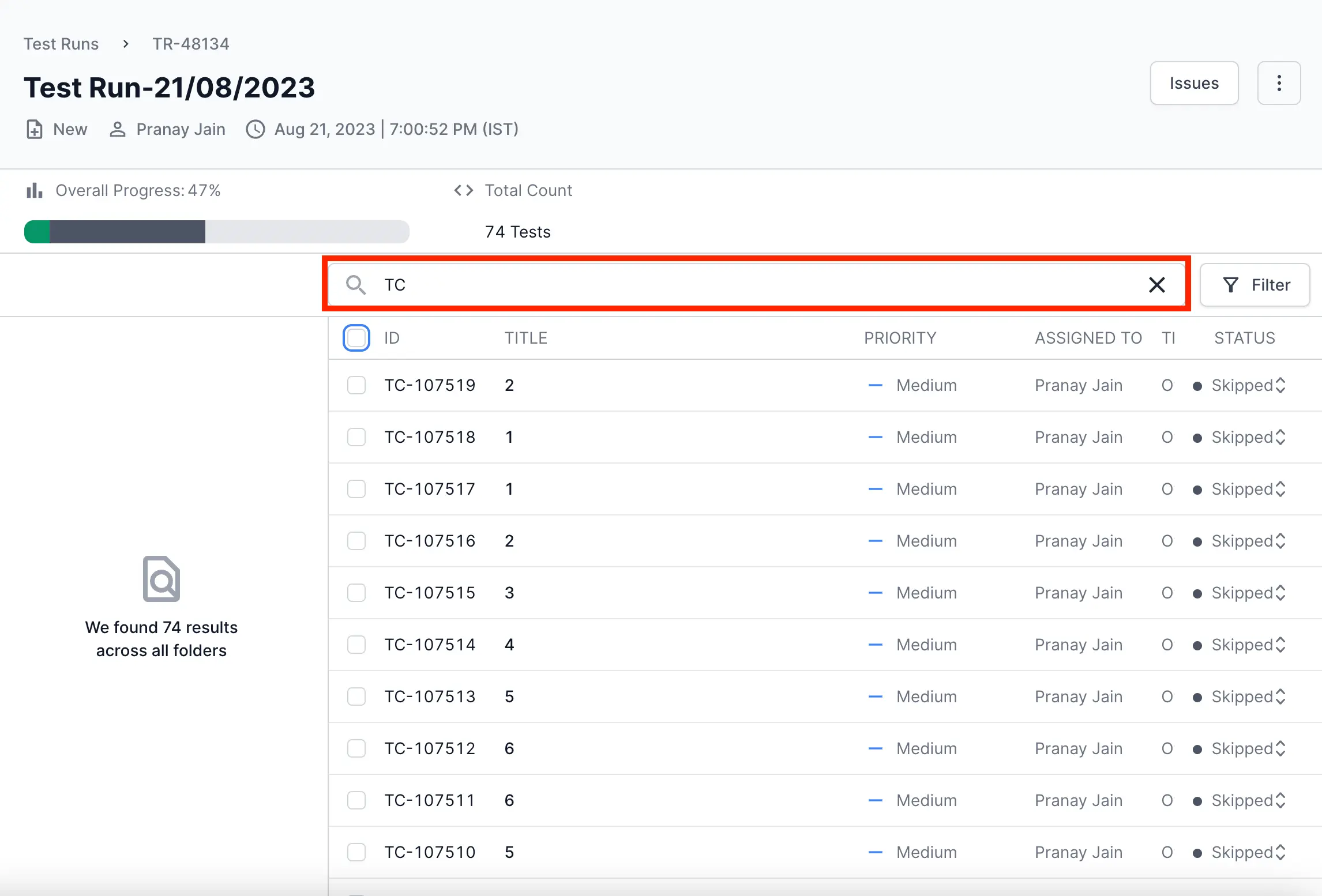 Search Test Cases with a keyword in search bar
