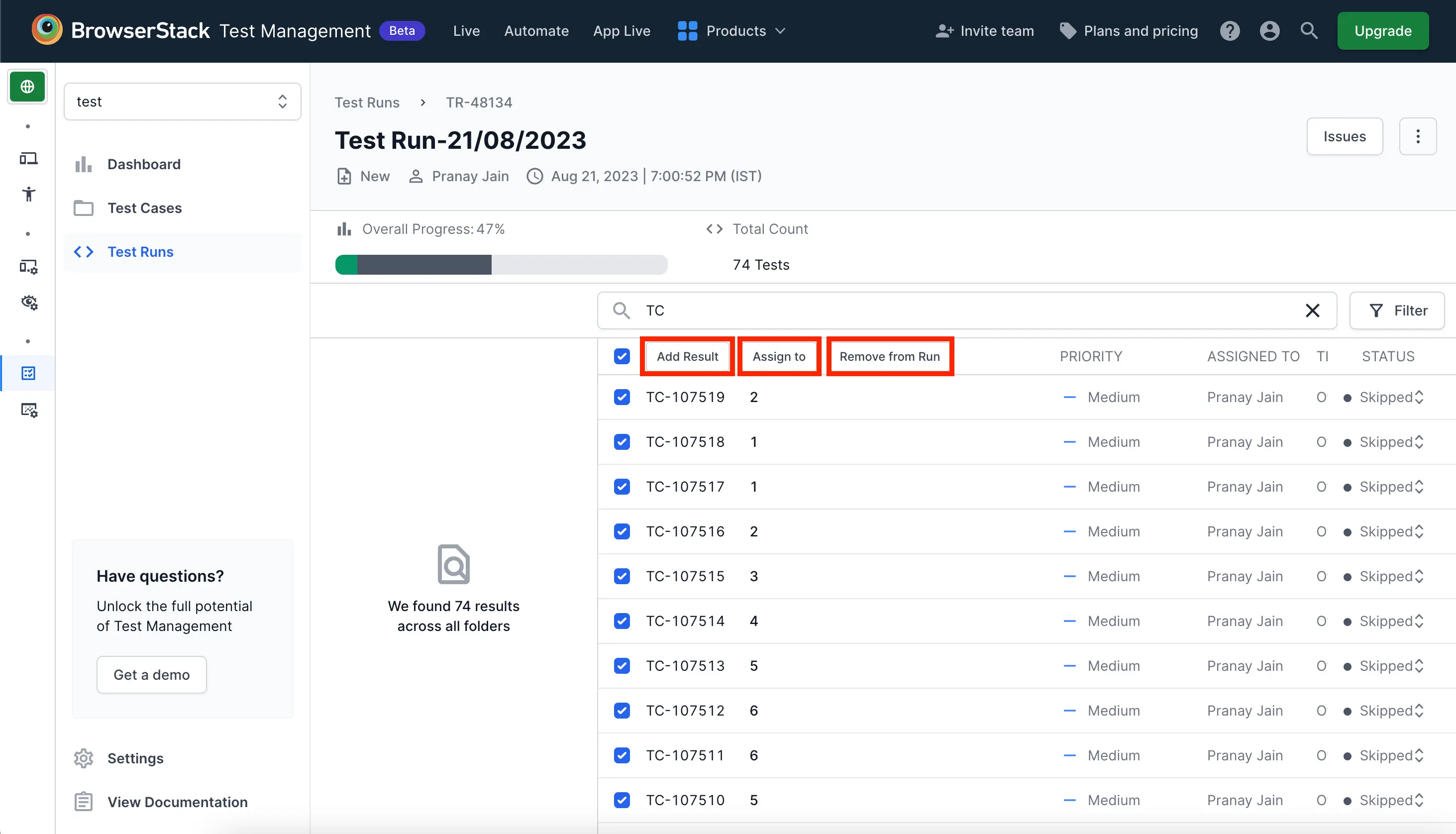 Perform bulk actions on seleted test cases