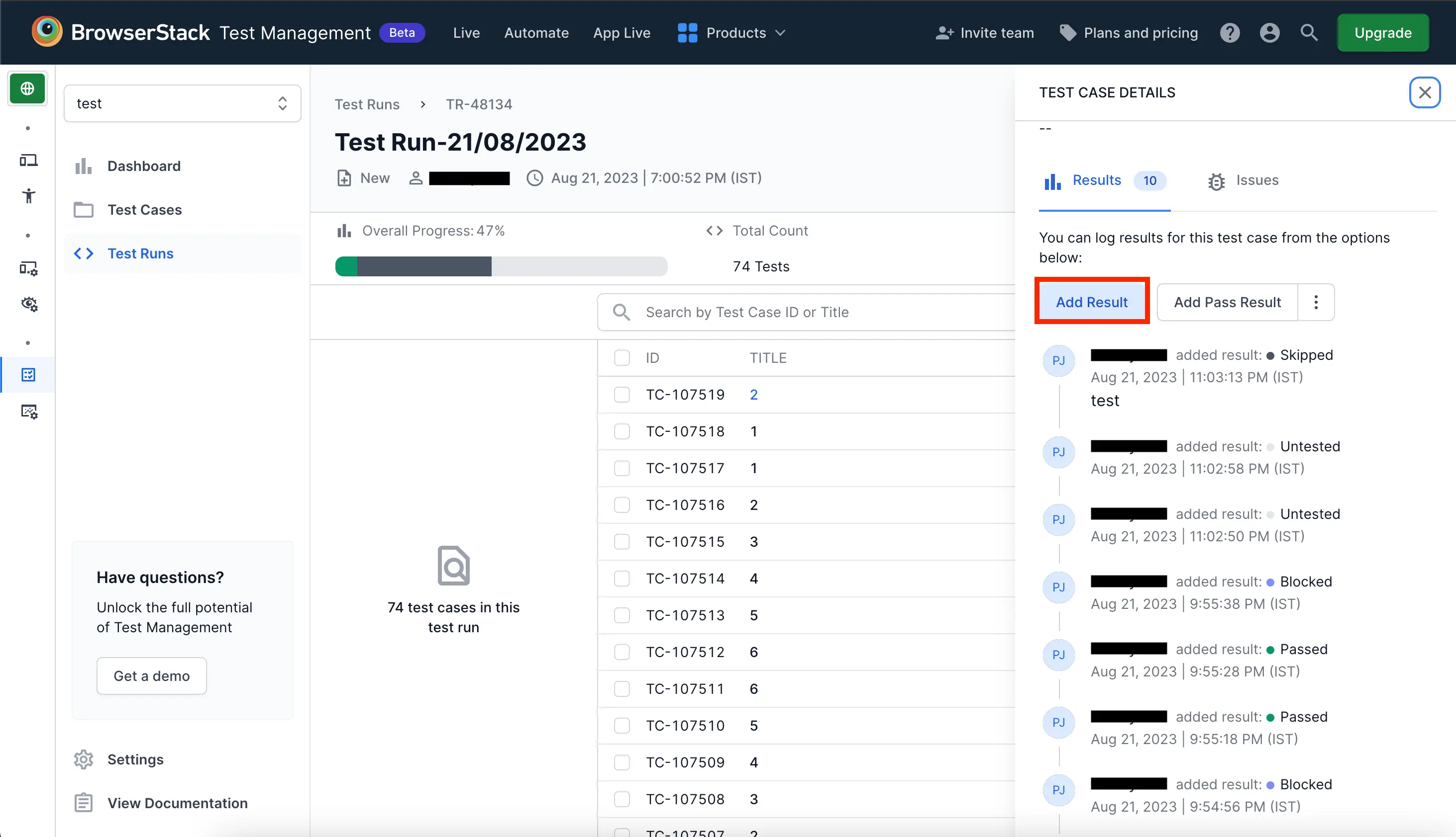Add Results tab in Test Case Details slideover