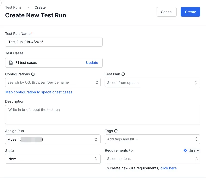 Enter the required parameters in the test run window
