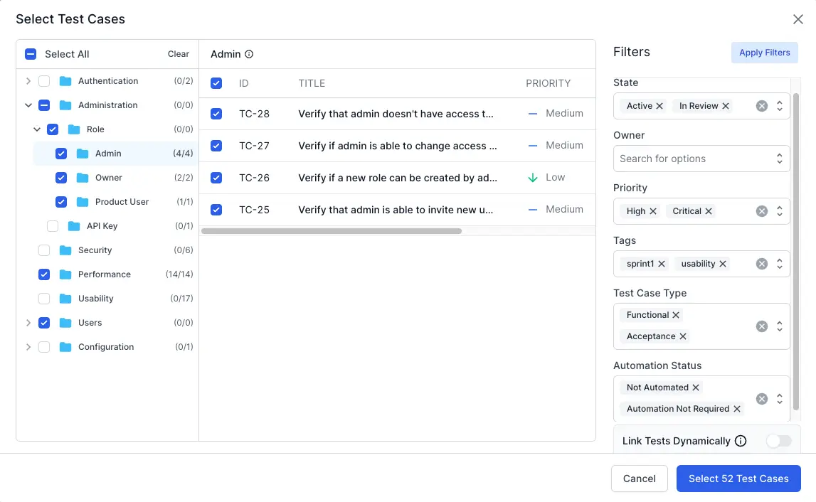 Enter the applicable filter criteria fields, and enable the "Link Runs Dynamically" toggle to include future test runs
