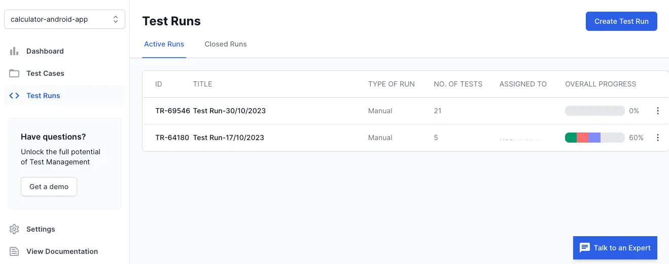 Select the test run in the list view