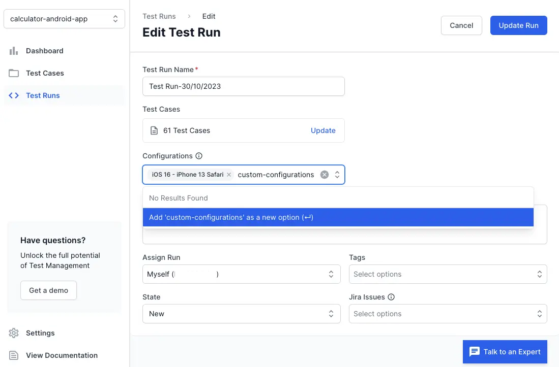You can create a custom configuration by entering the name and clicking Add 'custom-configuration' as a new option