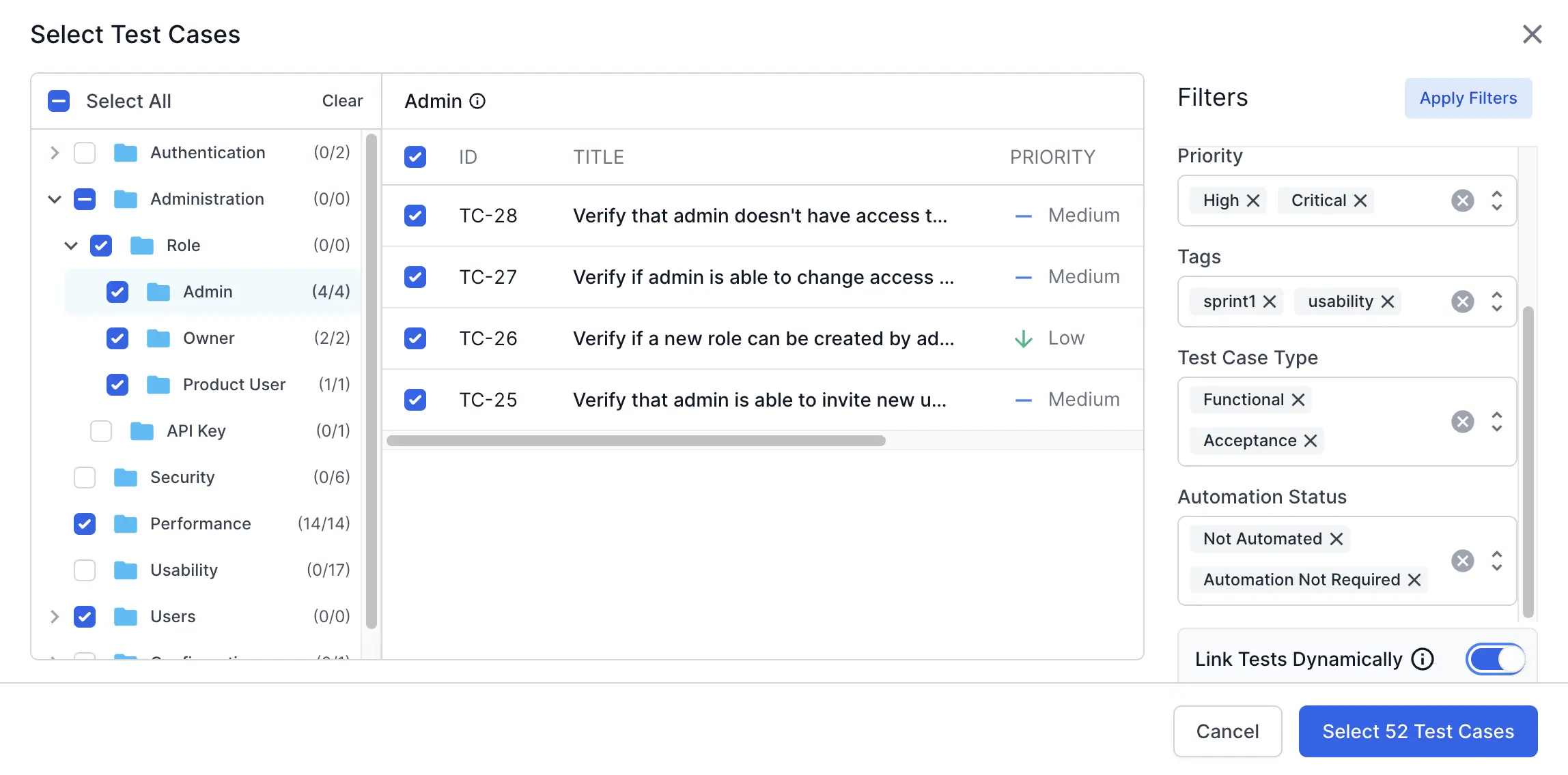 Enable Link Test Dynamically to automatically add future test cases matching the filter criteria
