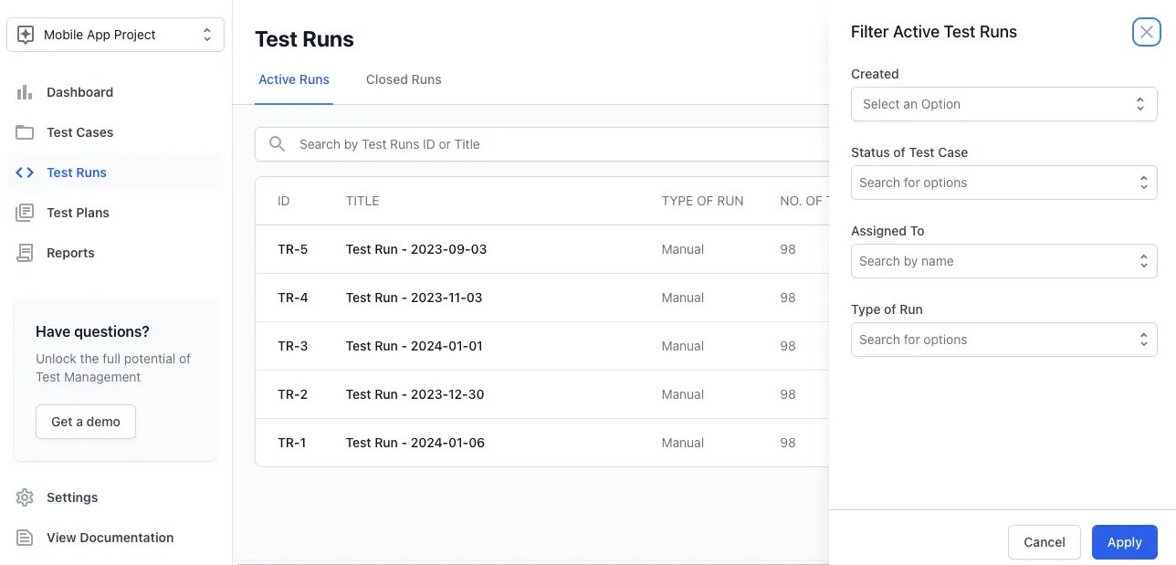 Enter the required fields to filter the test run