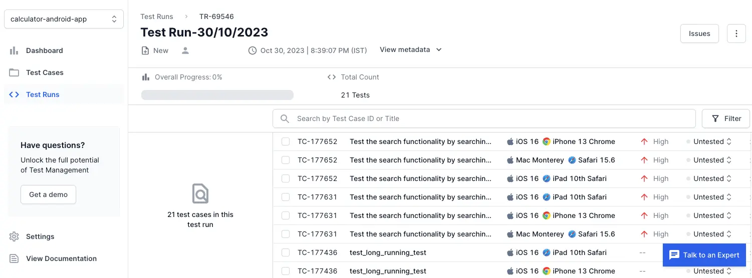 Click Filter Test Cases in Test Run