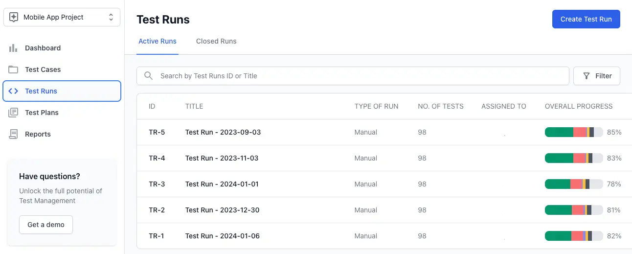 Enter test run ID or title in the search bar