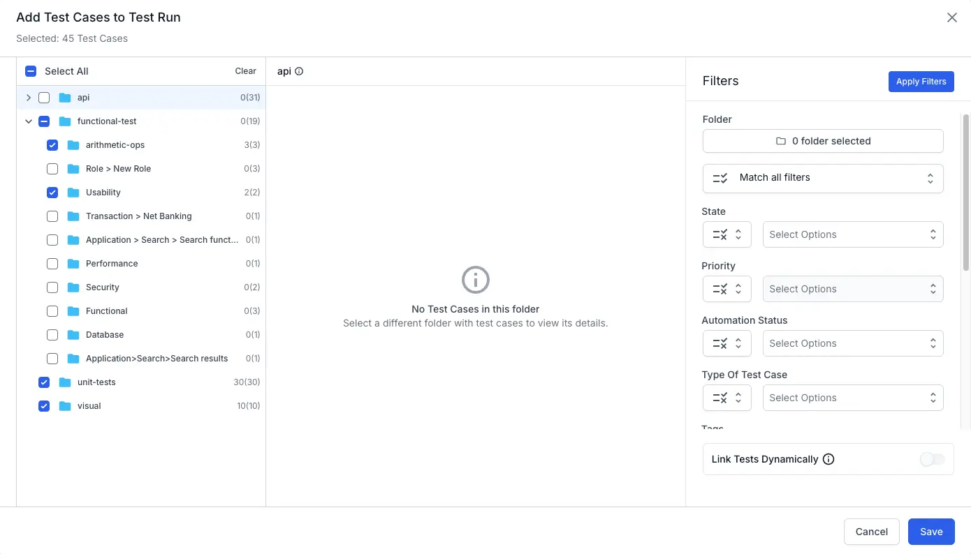 Click checkboxes against the required Test Cases