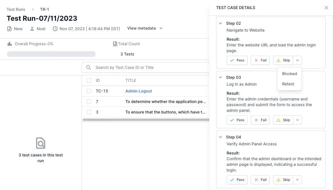 Set the result to individual step of the test case