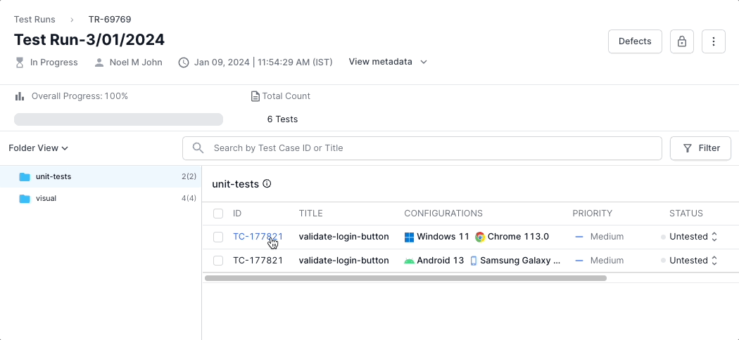 Click the Test Case Title or ID to bring the Test Run detail view