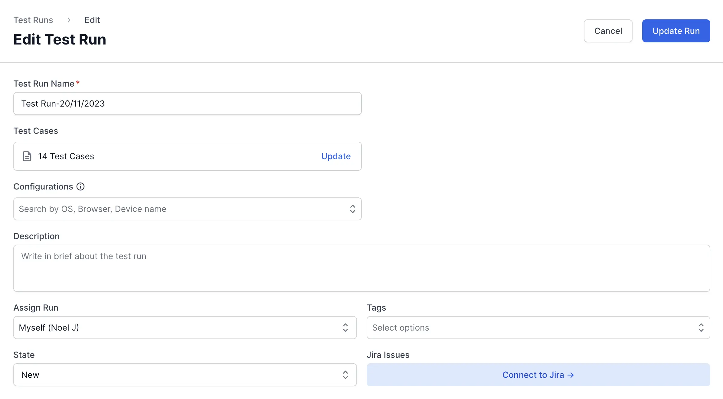 Click Update in the Test Cases field