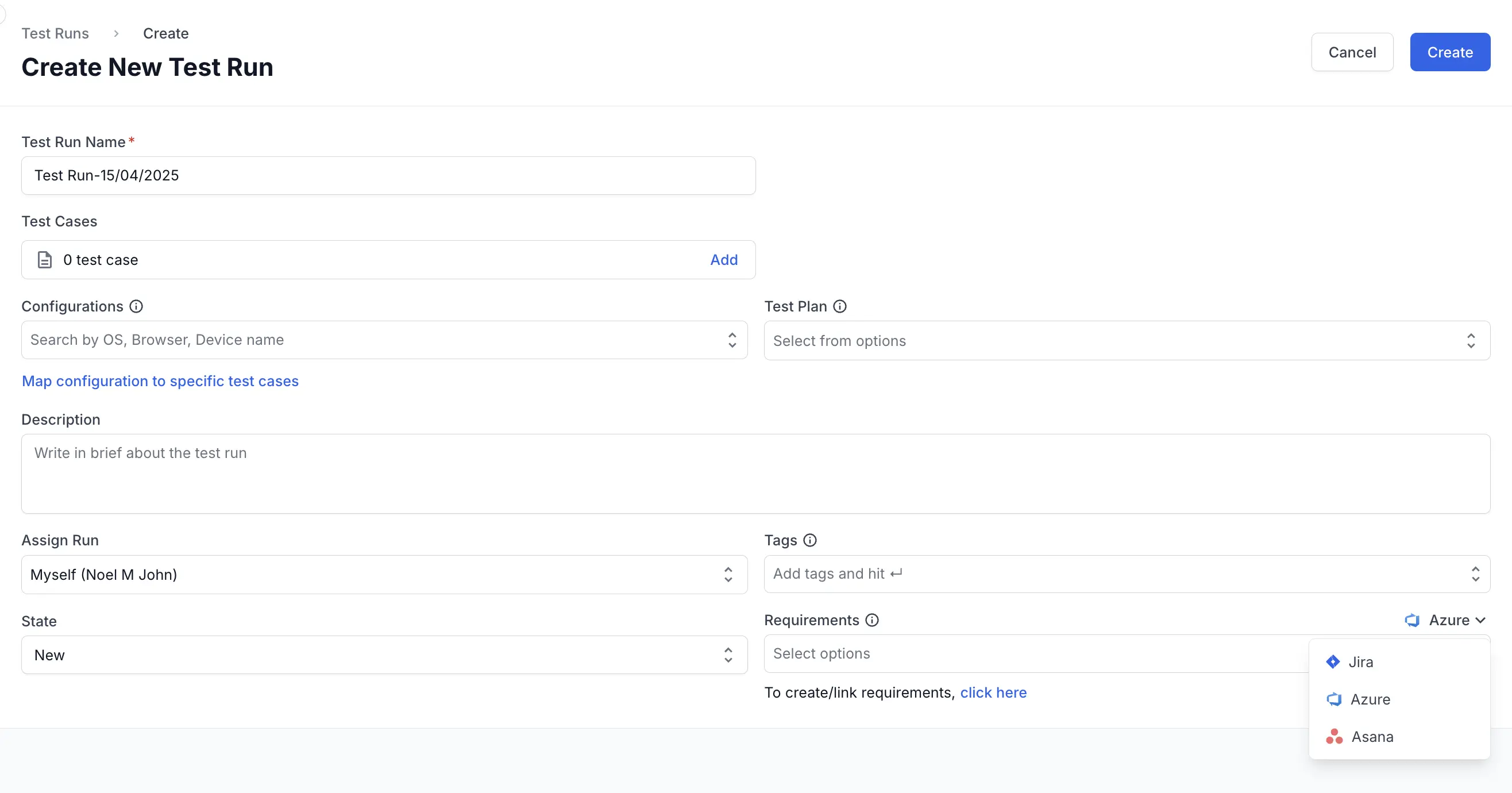 Click the downward arrow and select Jira in the Requirements field