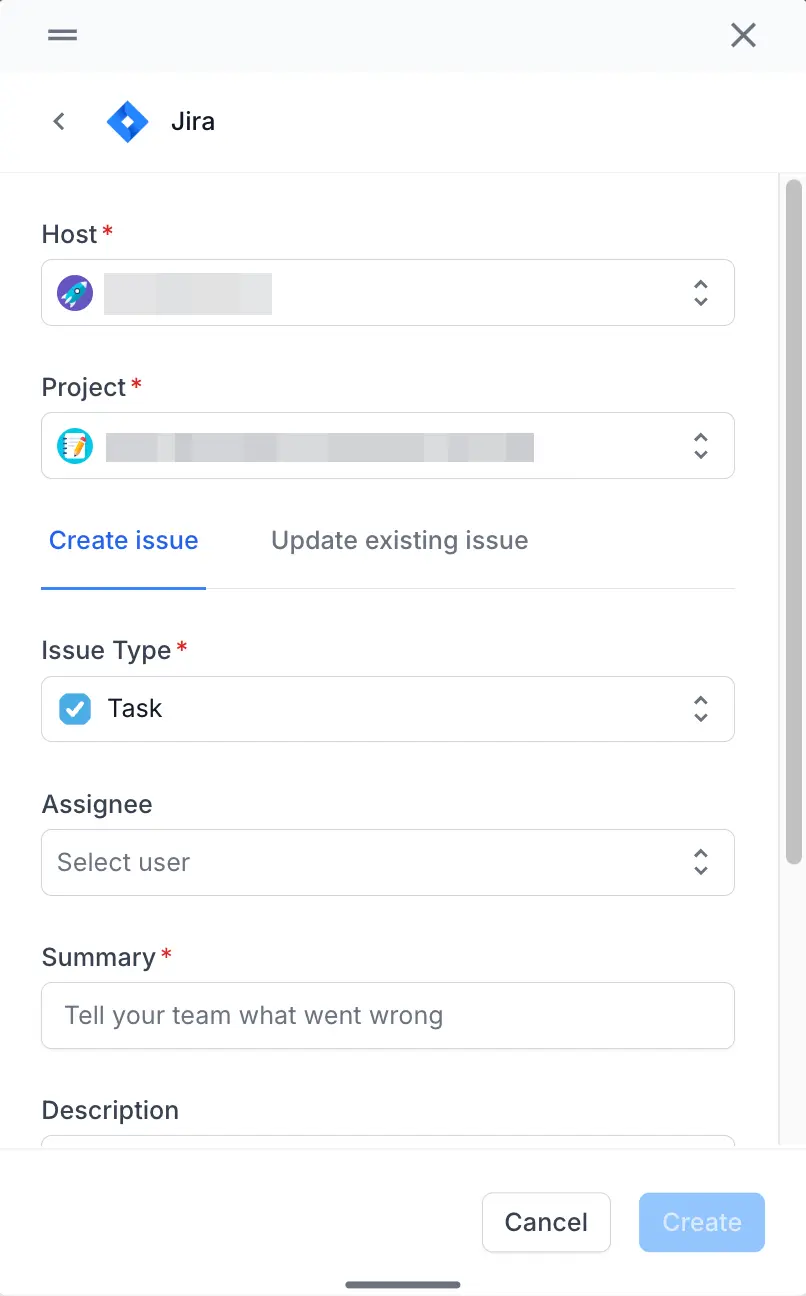 Select host, project, and issue type