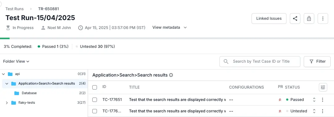 Click linked issues on the top right of the test runs details page