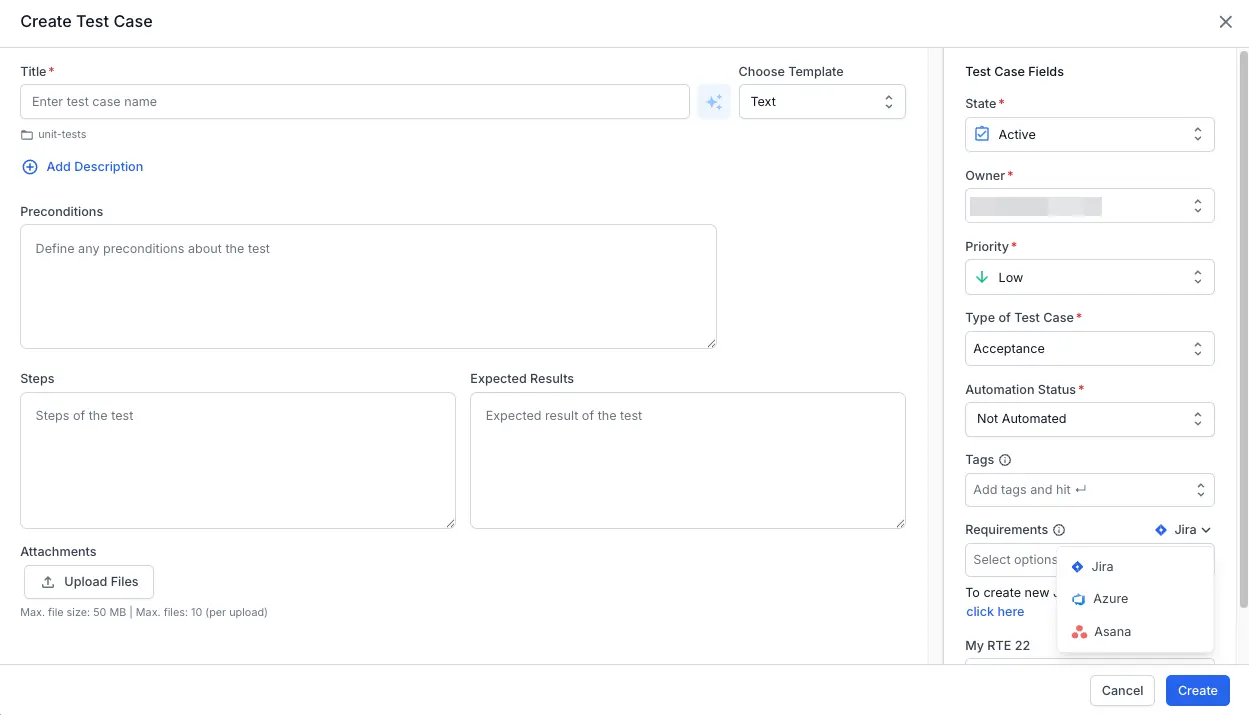 Click the downward arrow and select Jira in the Requirements field