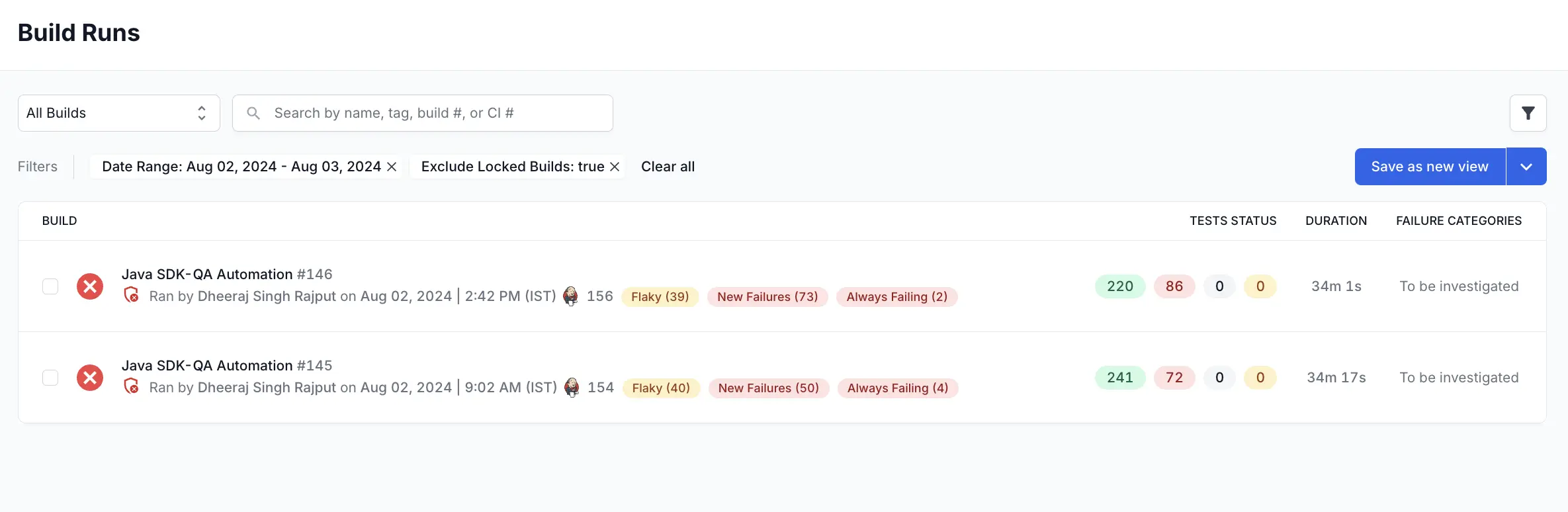 Tests Health window from Build Performance