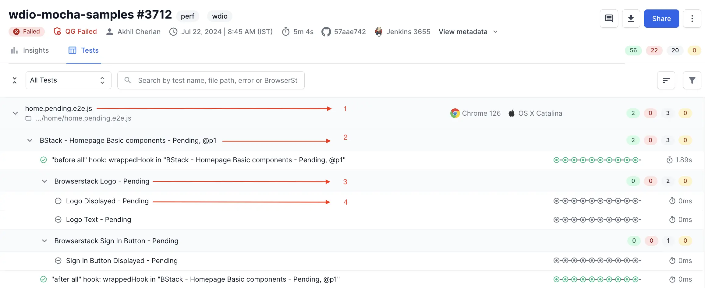 Tests grouped under expandable folders