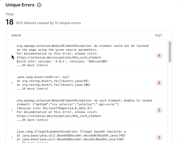 Unique Errors in build runs insights