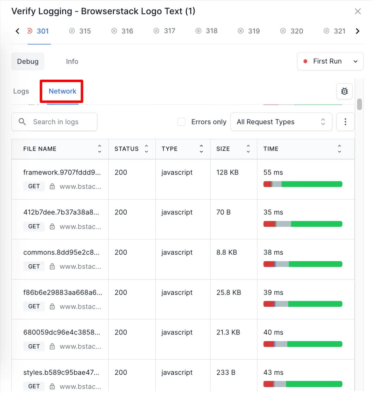 Click the Network tab to view the network logs separately