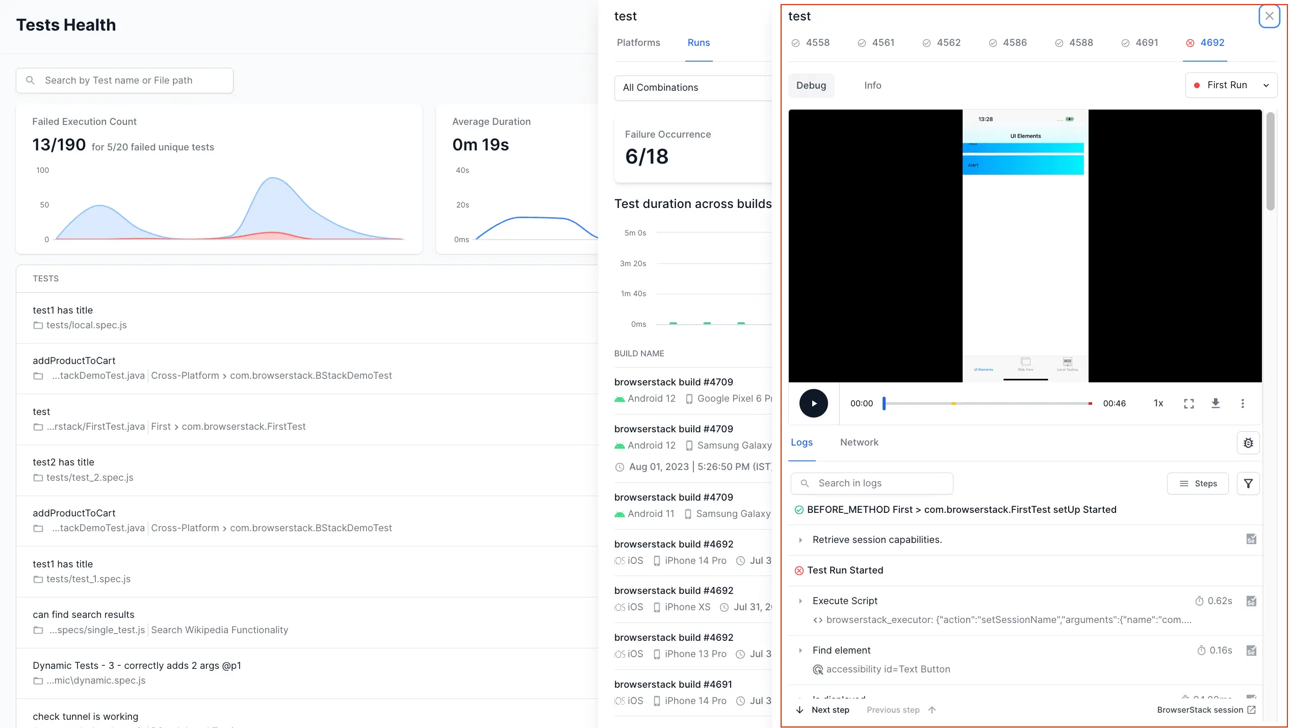 View Timeline Debugging from Tests Health