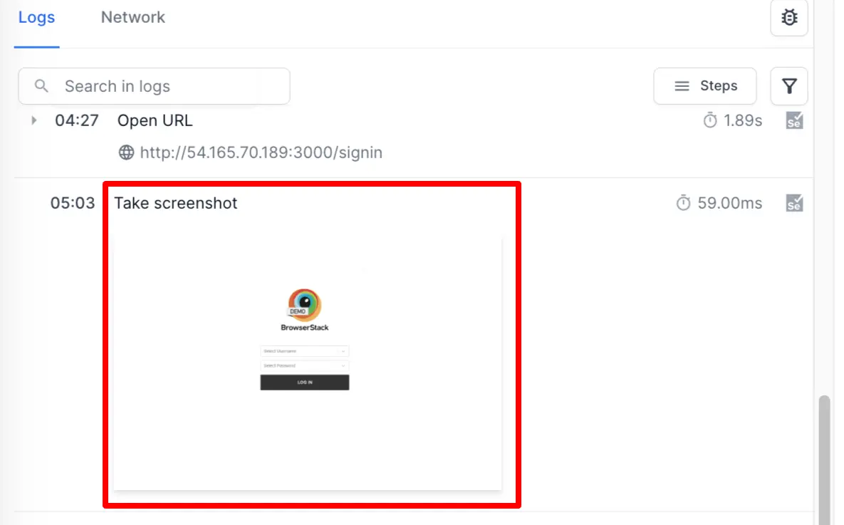 A sample timeline showcasing a screenshot in the test case