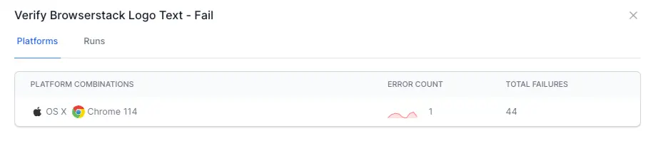 Platforms tab in the detailed view of the error