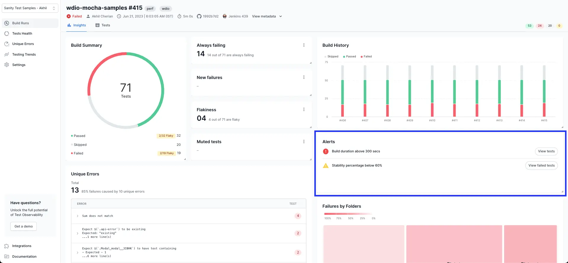 A sample Build Insights screen highlighting the Alerts section