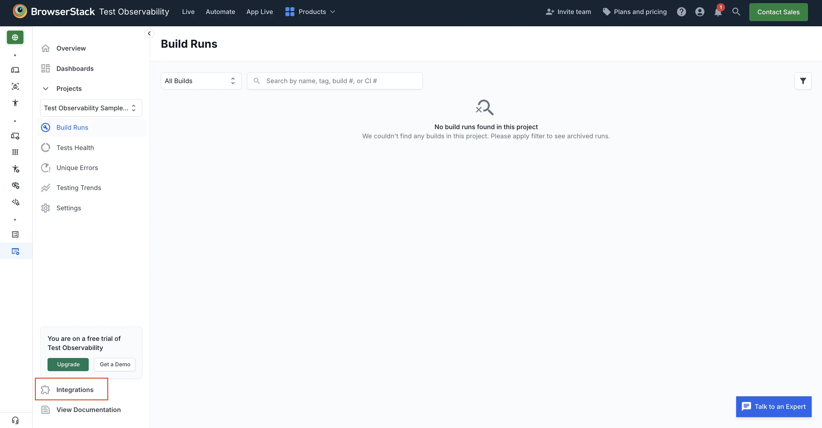 Select integrations from the left-nav