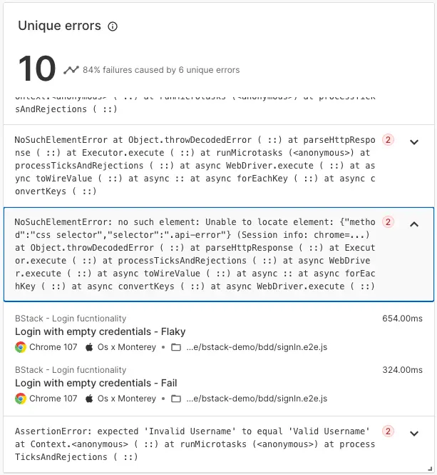 Unique error analysis of Test Observability