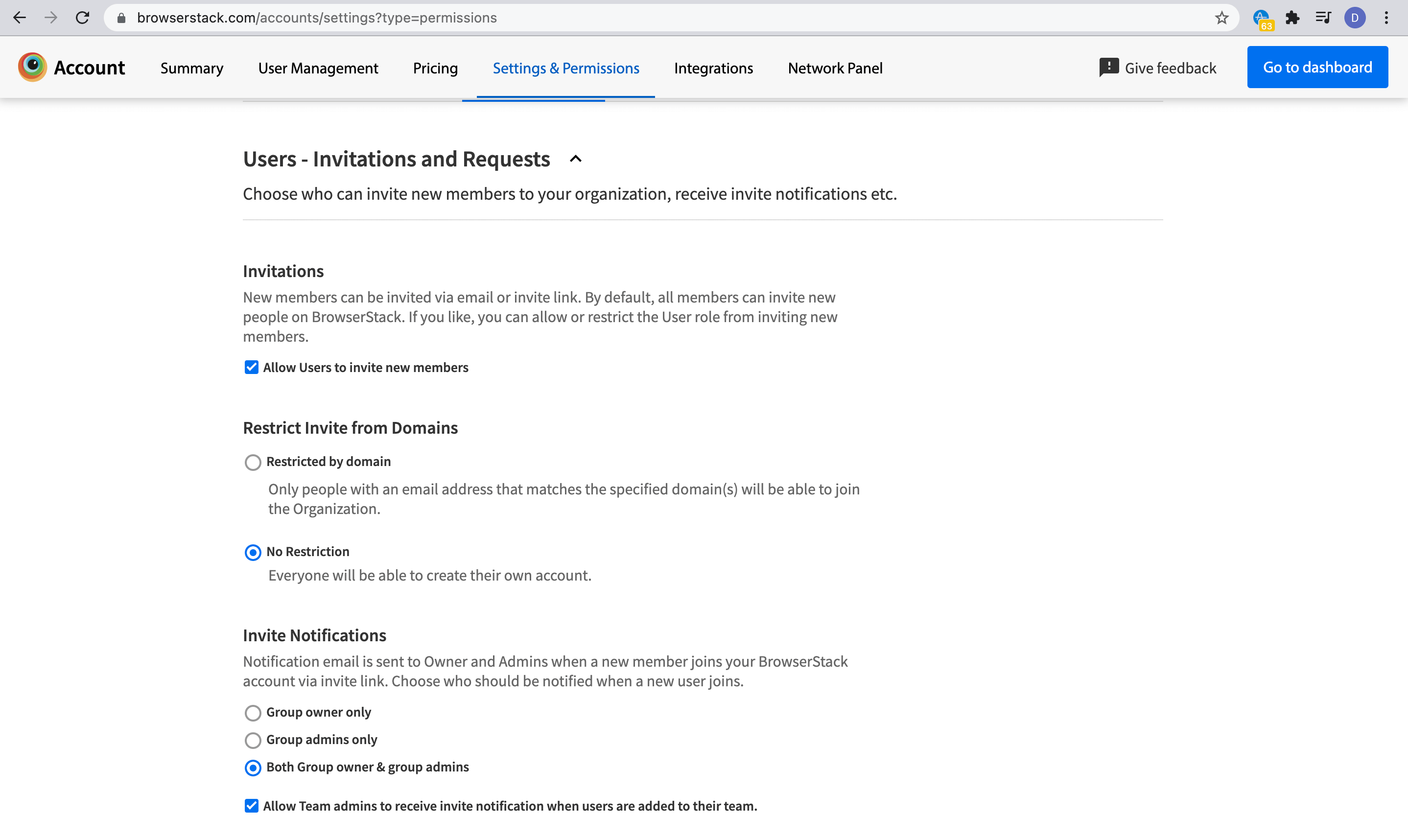 Domain restriction option on settings page