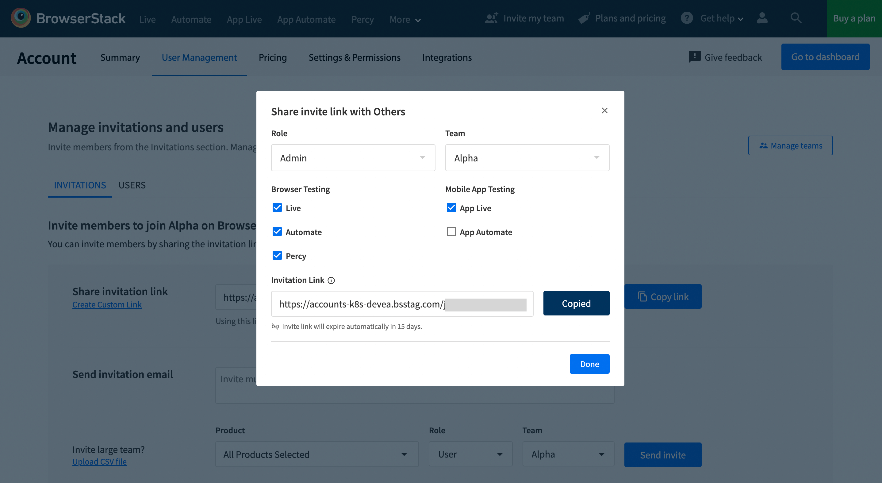 Copy custom invite link
